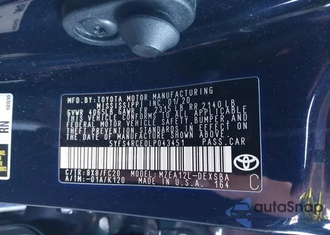 2020 Toyota Corolla Se из США, поврежденный, VIN 5YFS4RCE0LP043451